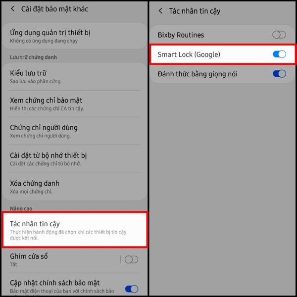 Chọn Tác nhân tin cậy > Kích hoạt Smart Lock