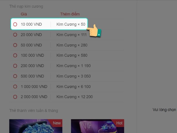 Chọn gói nạp