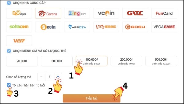 Chọn mệnh giá và số lượng thẻ muốn mua