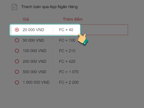 Chọn gói nạp tiền