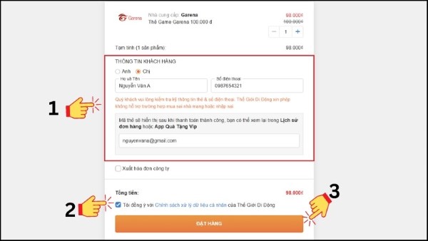 Điền họ tên, số điện thoại, email