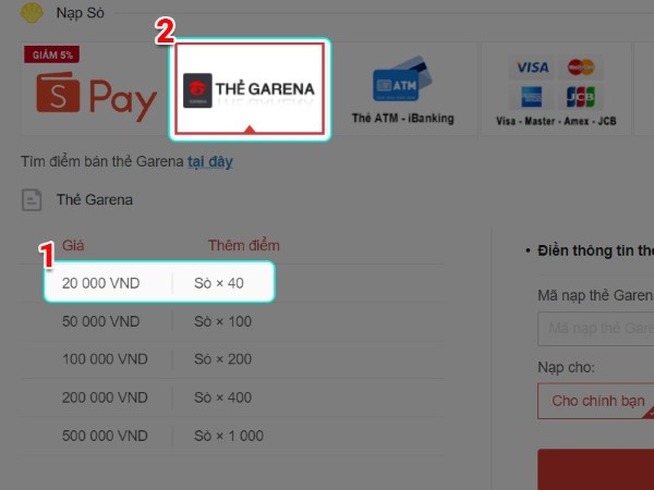 Chọn mệnh giá và hình thức thanh toán