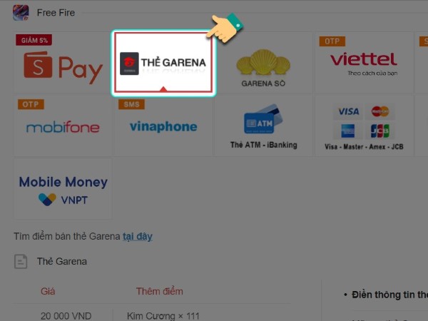 Chọn phương thức thanh toán “Thẻ Garena”