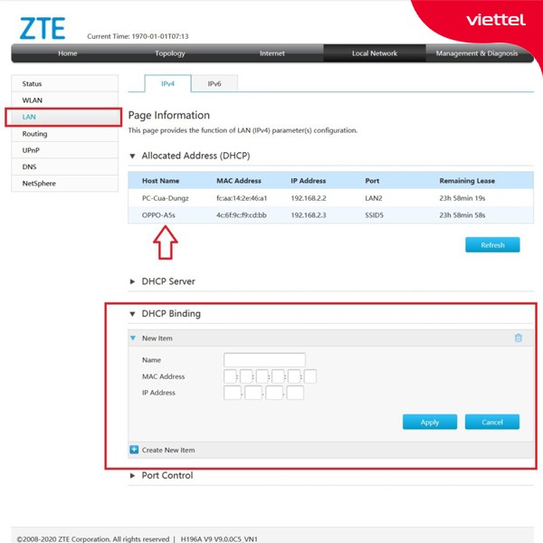 Chọn LAN và DHCP Binding rồi nhập MAC, IP, tên thiết bị nhấn Apply