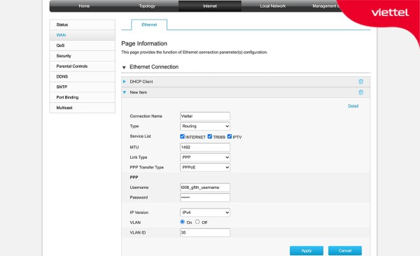 Điền thông tin mạng và nhấn Apply 