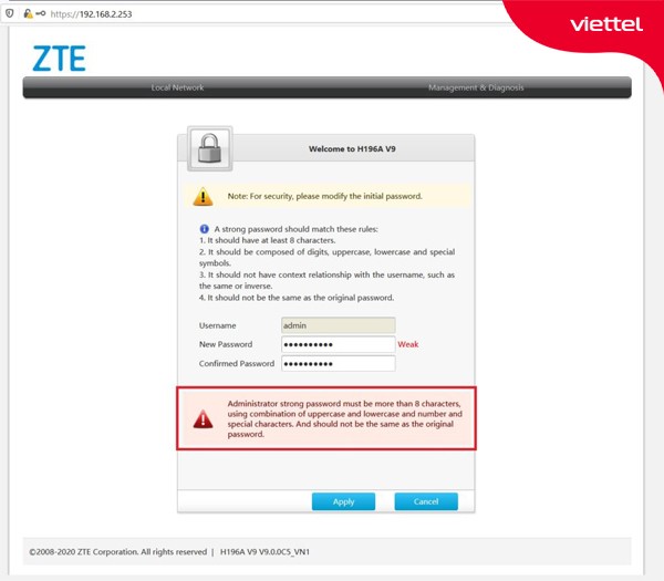 Nhập thông tin đăng nhập và đổi mật khẩu theo yêu cầu