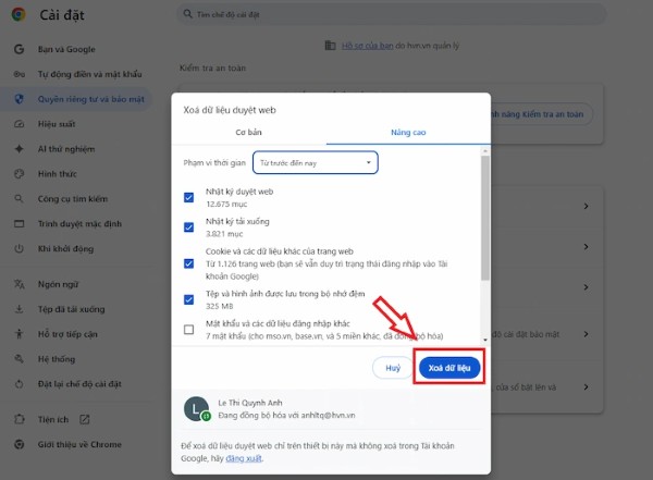 Chọn Xóa dữ liệu