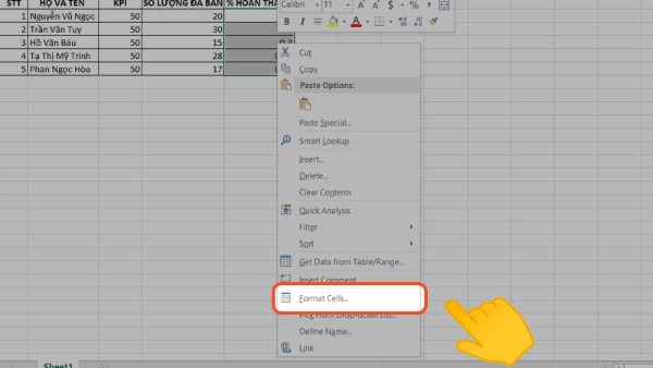 Chọn vào Format Cells