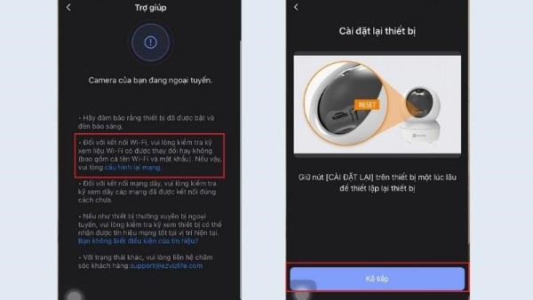 Nhấn nút reset trên camera