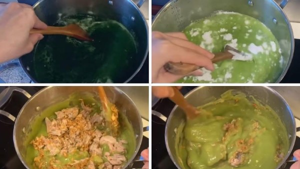 Cho thịt sườn và hành phi vào khuấy đều