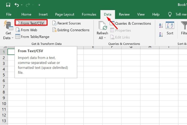 Mở file Excel > Vào tab Data > Chọn From Text/CSV