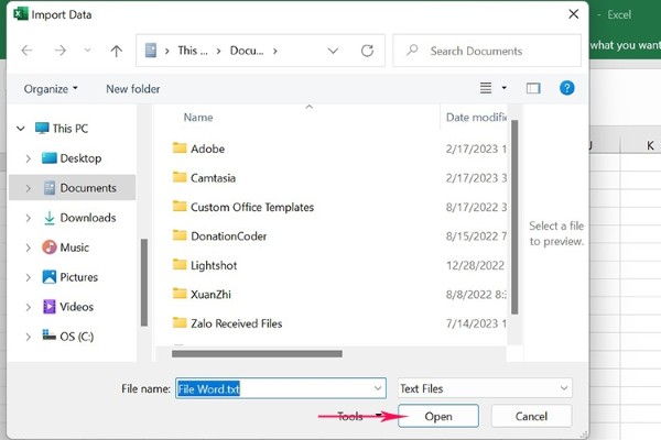 Chọn file vừa lưu và nhấn Open