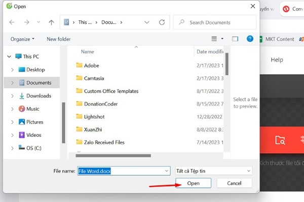Chọn file và nhấn “Open” để tải lên hệ thống
