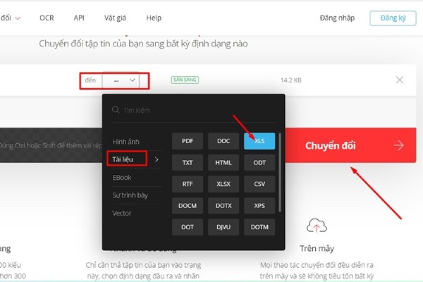 Chọn mục “Tài liệu” và chọn định dạng “XLS”