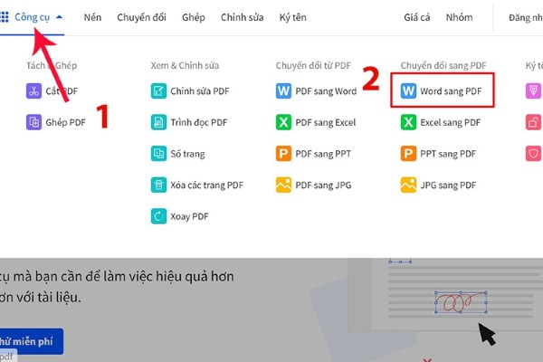 Chọn mục “Công cụ” > Chọn tính năng “Word sang PDF”