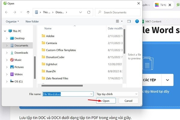 Chọn tệp Word cần xử lý, nhấn “Open”