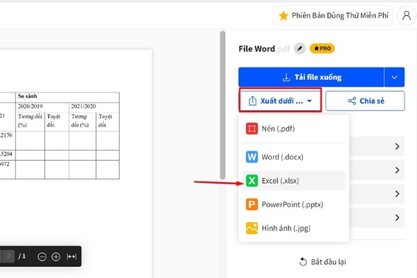 Nhấn vào “Xuất dưới” > Chọn định dạng “Excel (.xlsx)”