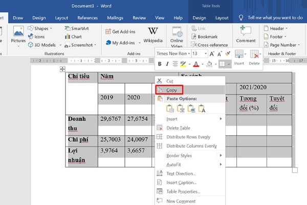 Nhấp chuột phải và chọn Copy