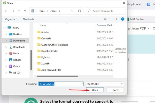Chọn file cần chuyển, nhấn “Open” để tải lên hệ thống