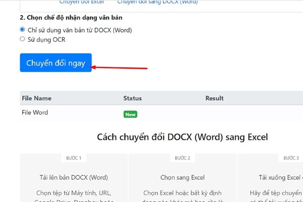 Nhấn “Chuyển đổi ngay” để bắt đầu quá trình chuyển đổi Word sang Excel