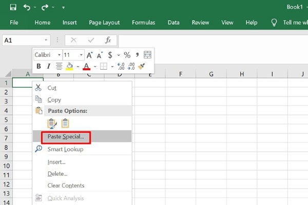 Nhấp chuột phải và chọn Paste Special