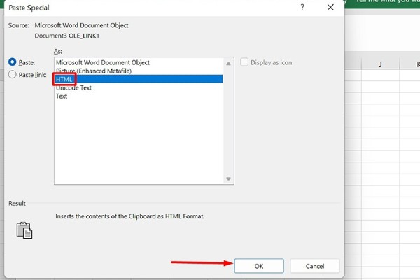 Chọn HTML rồi nhấn OK