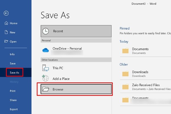 Chọn Save as > Nhấp vào Browse