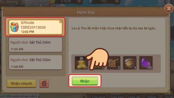 Nhấn nhận quà tại hộp thư trong game