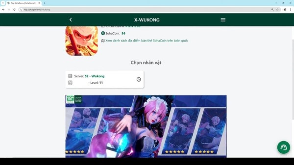 Chọn server đang chơi và chọn nhân vật muốn nhận quà