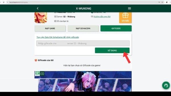Dán đoạn mã nhận được vào ô trống và nhấn SỬ DỤNG để hoàn tất