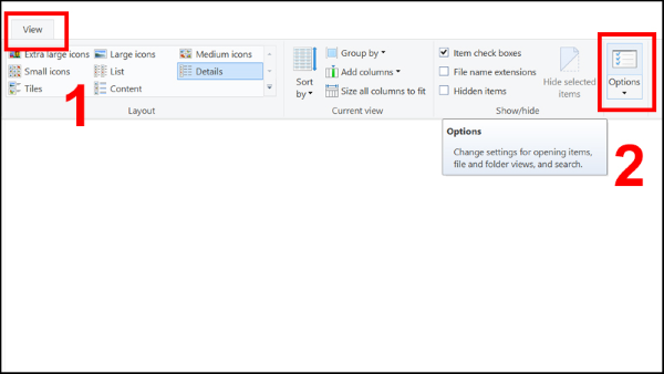 Trong thư mục, bạn chọn View > Options