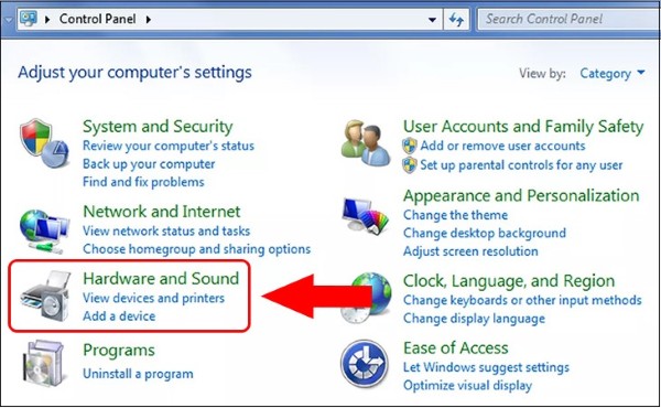 Bước 2: Nhấn chọn vào Hardware and Sound > Chọn Mouse.
