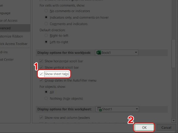 Tích chọn Show sheet tabs và nhấn OK