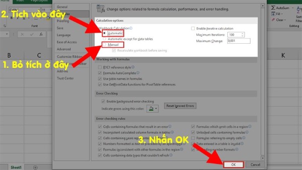 Tại phần Calculation Options > Bỏ chọn Manual > Chọn Automatic > Nhấn OK