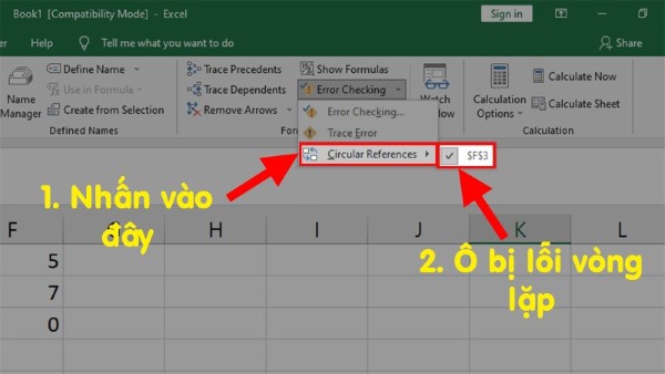 Chọn Circular References > Excel sẽ hiển thị ô đang gặp lỗi