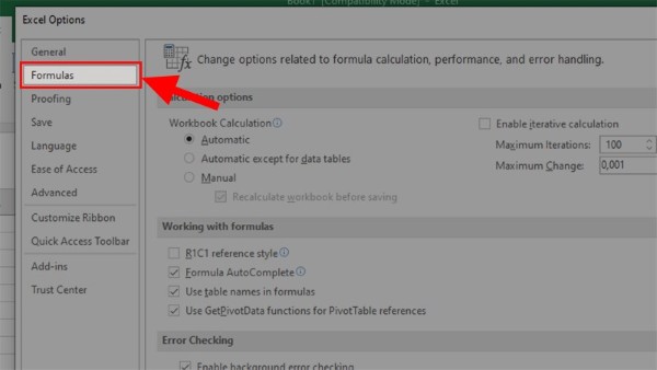 Trong hộp thoại xuất hiện > Chuyển sang mục Formulas