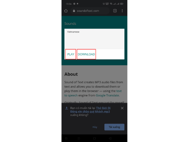 Nhấn Play để nghe thử và nhấn Download để lưu file giọng đọc