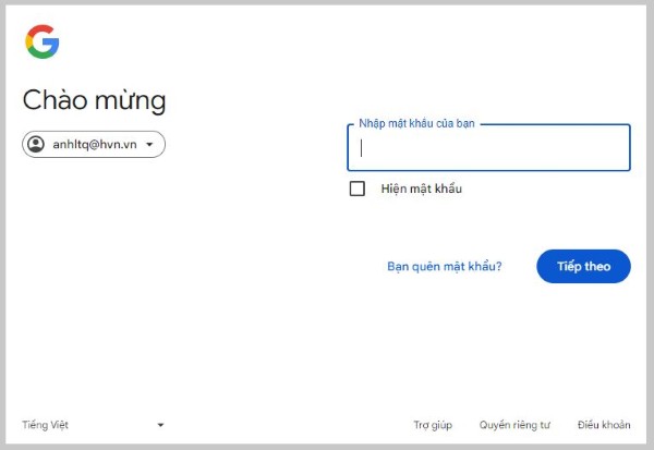 Nhập mật khẩu của tài khoản Gmail và nhấn Tiếp theo