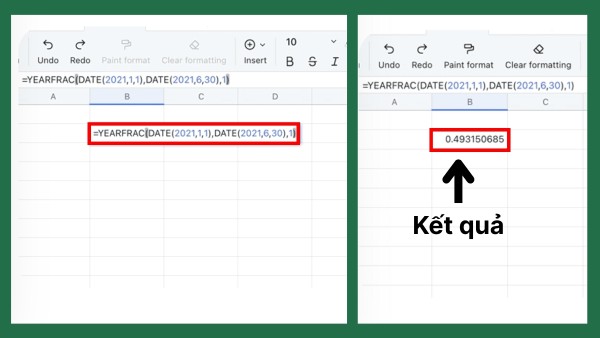 Ví dụ minh họa cách dùng hàm YEARFRAC 