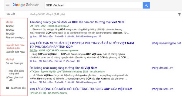 Tùy chỉnh kết quả bằng thanh công cụ bên trái