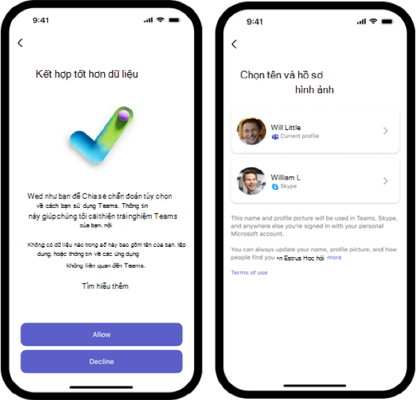 Cho phép chia sẻ dữ liệu tùy chọn với Microsoft và chọn tài khoản muốn sử dụng