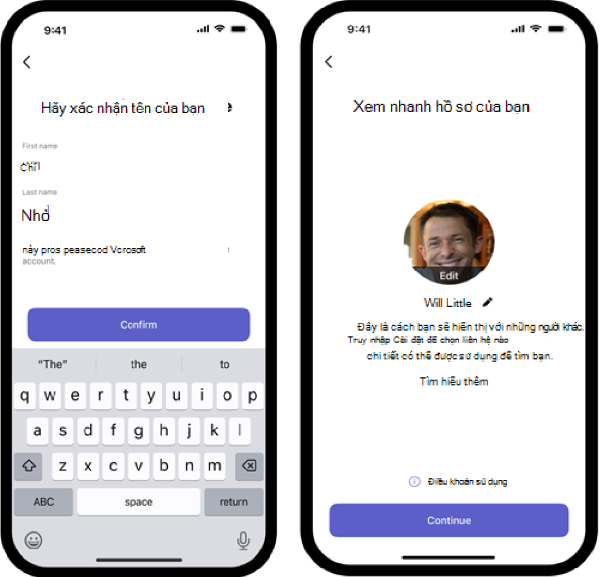 Nhấn Xác nhận, chỉnh sửa ảnh đại diện và tên hồ sơ rồi nhấn Tiếp tục