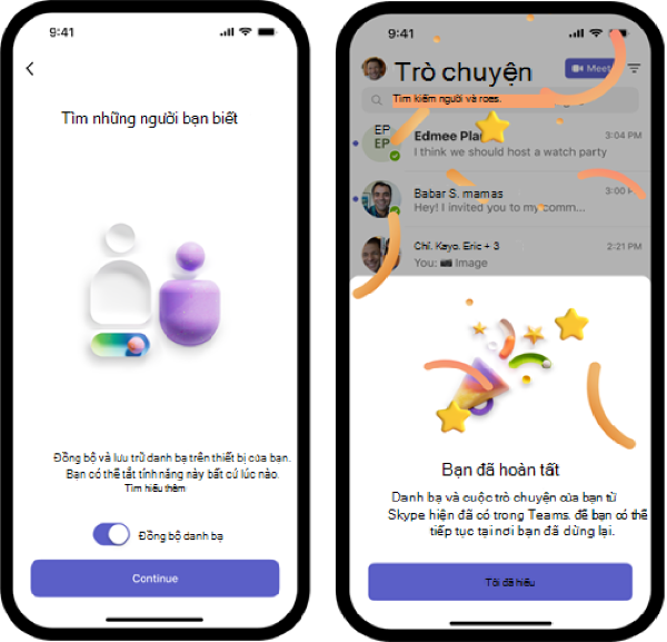 Nhấn Tiếp tục để tiến hành đồng bộ danh bạ