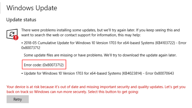 Lỗi 0x80073712 xảy ra khi tệp hệ thống cần thiết để hoàn tất cập nhật Windows bị thiếu hoặc bị hỏng