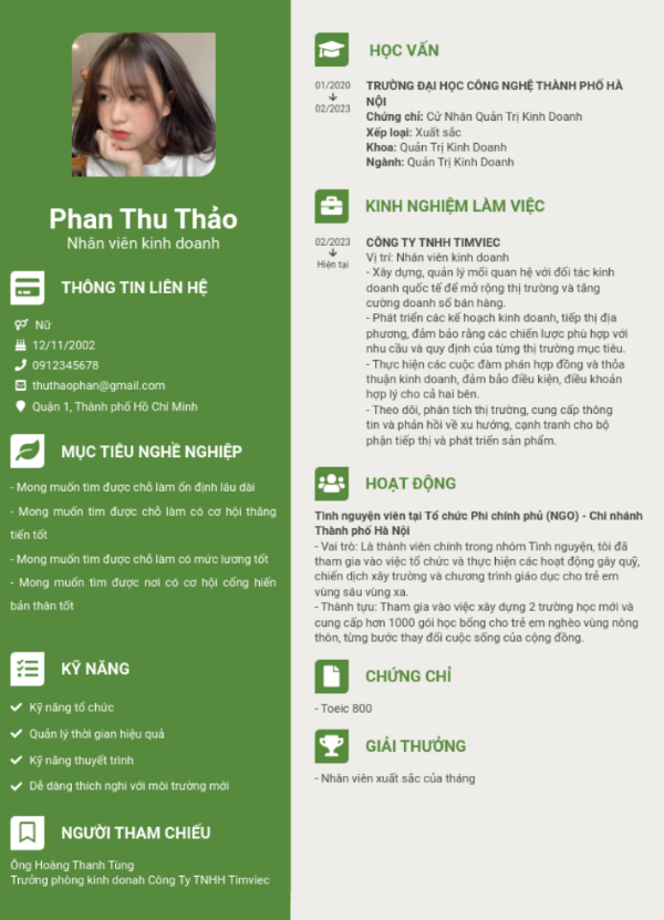 Mẫu CV Nhân viên kinh doanh ngành ngân hàng