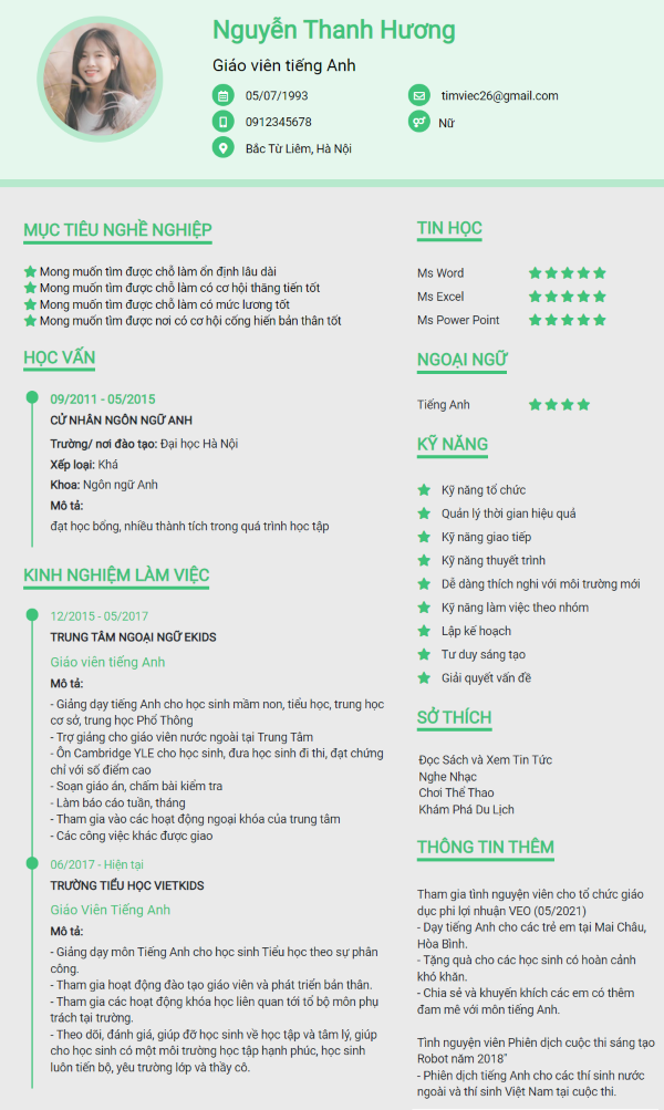 Mẫu CV giáo viên Tiếng Anh