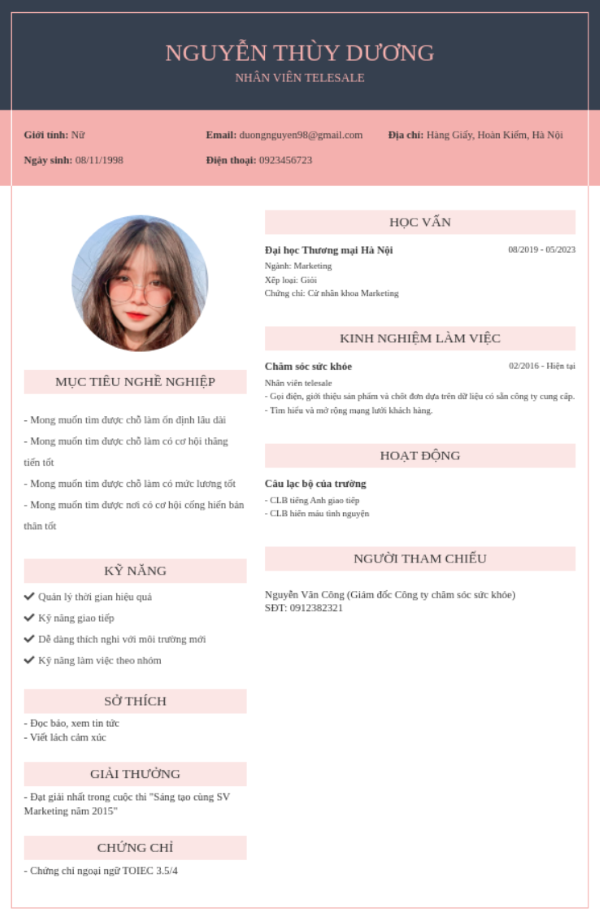 Mẫu CV nhân viên Telesales