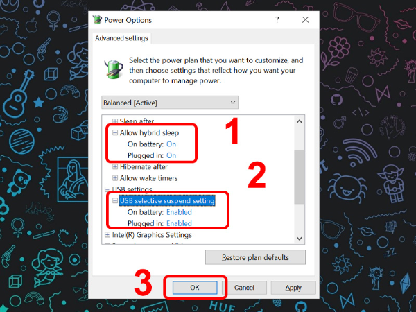 Chuyển mục Allow hybrid sleep sang ON và USB selective suspend sang Enabled