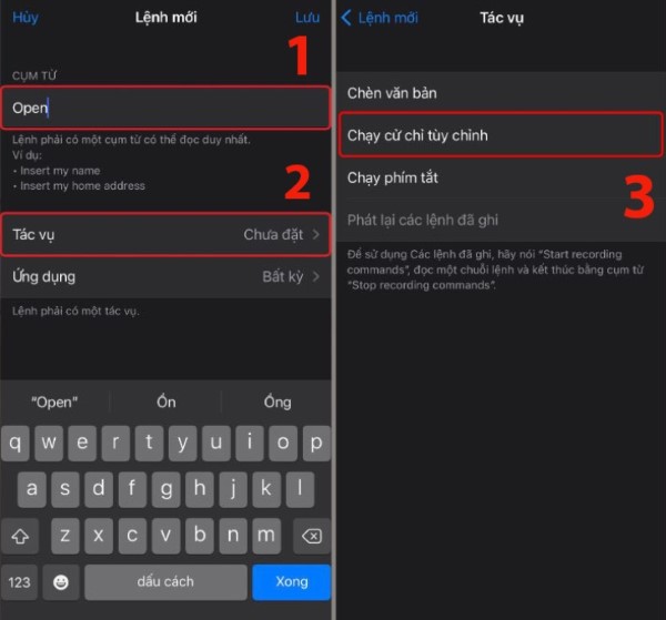 Tại mục Cụm từ, bạn nhập câu lệnh quen thuộc, dễ nhớ > Nhấn chọn vào Tác Vụ > Nhấn chọn Chạy cử chỉ tùy chỉnh.