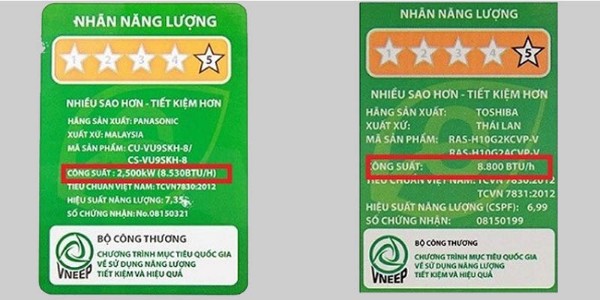 Xem nhãn thông số kỹ thuật điều hòa tại mục "Công suất"